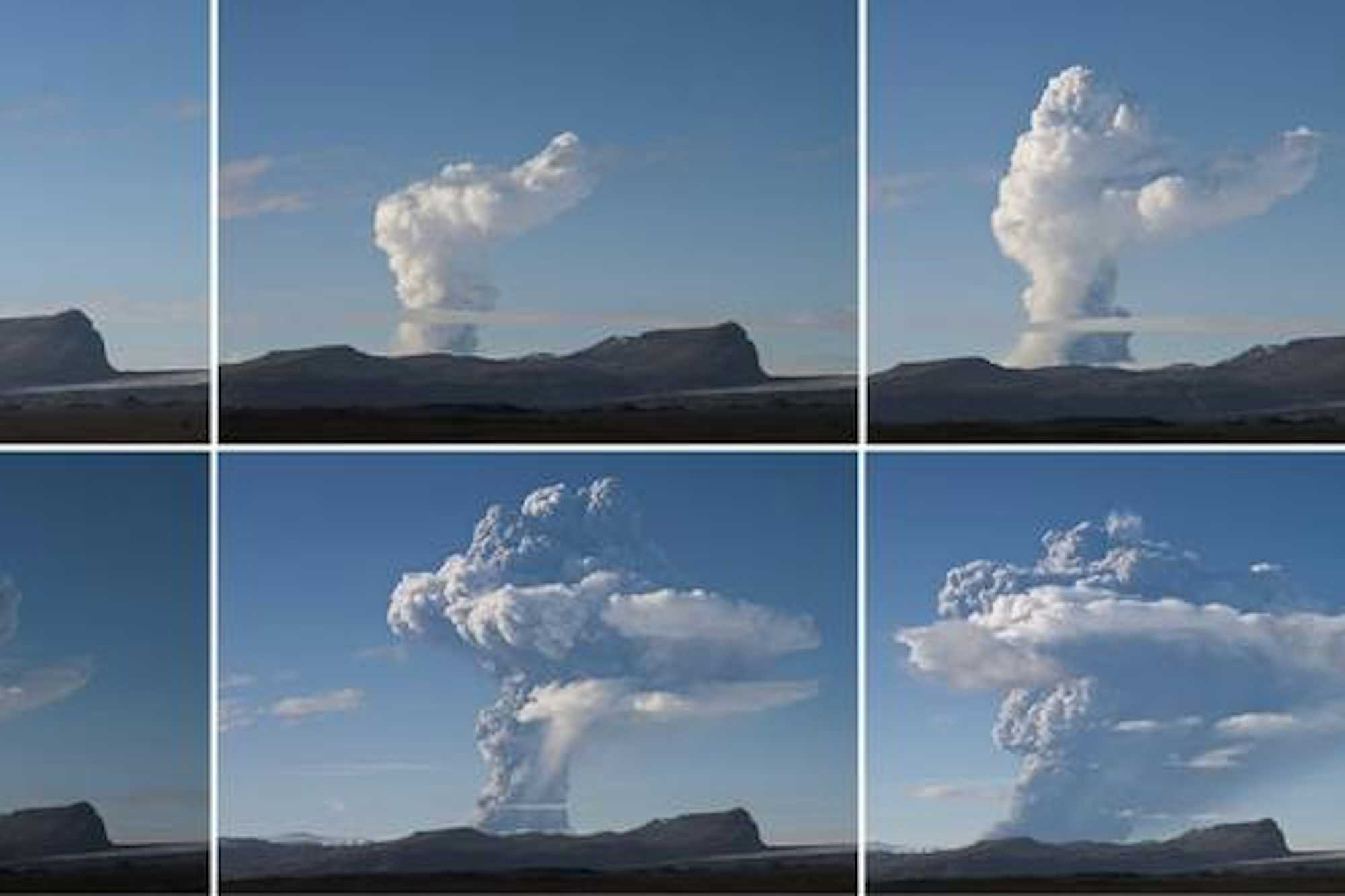A combination of pictures shows the growing ash plume from the Grimsvotn volcano, under the Vatnajokull glacier in southeast Iceland, as its eruption begins