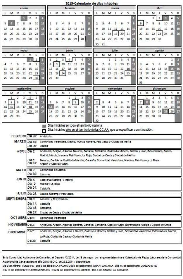 Calendario de días inhábiles en el ámbito de la Administración General del Estado para el año 2015