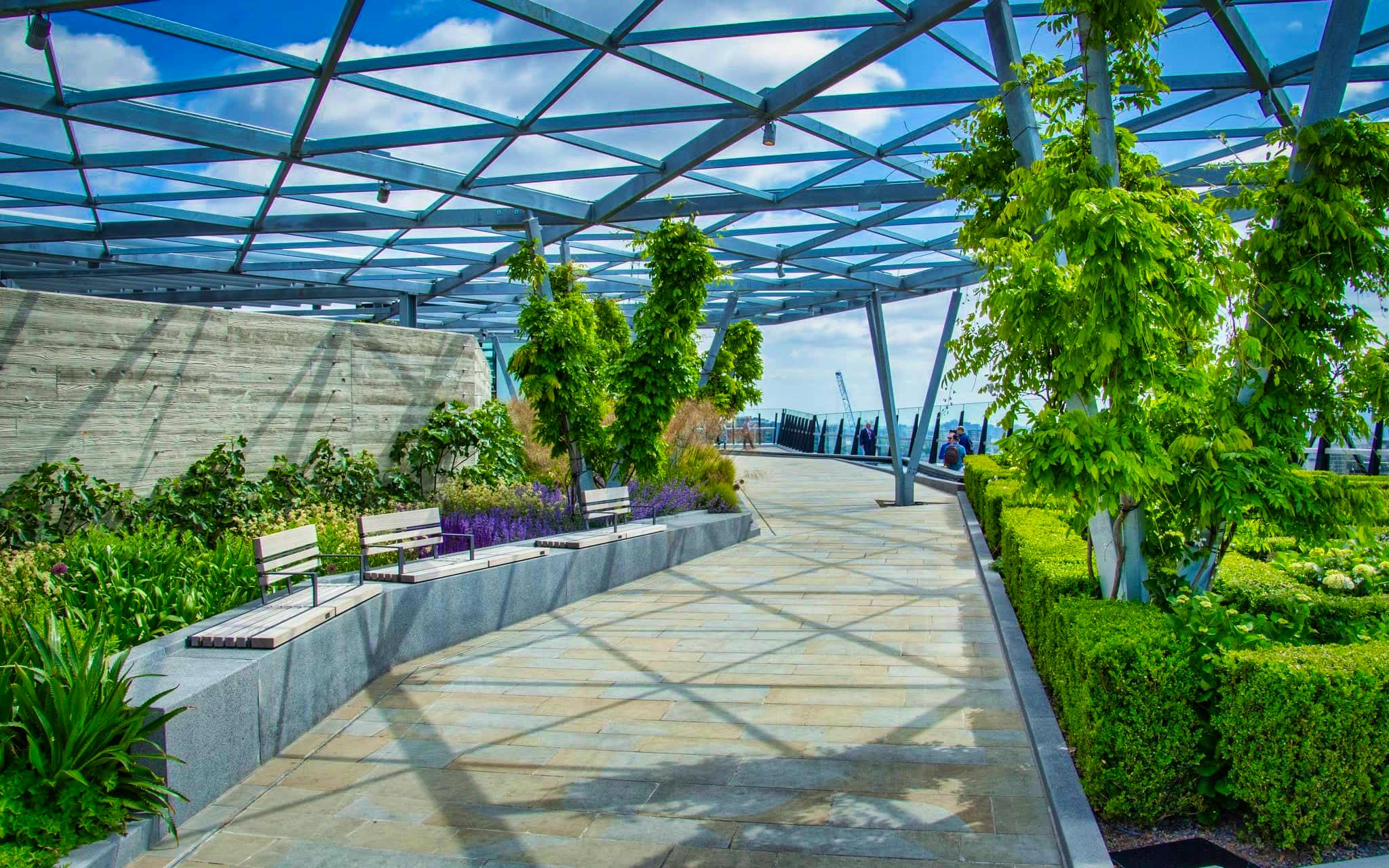 Sendero en la terraza ajardinada del edificio One Fen Court, Londres