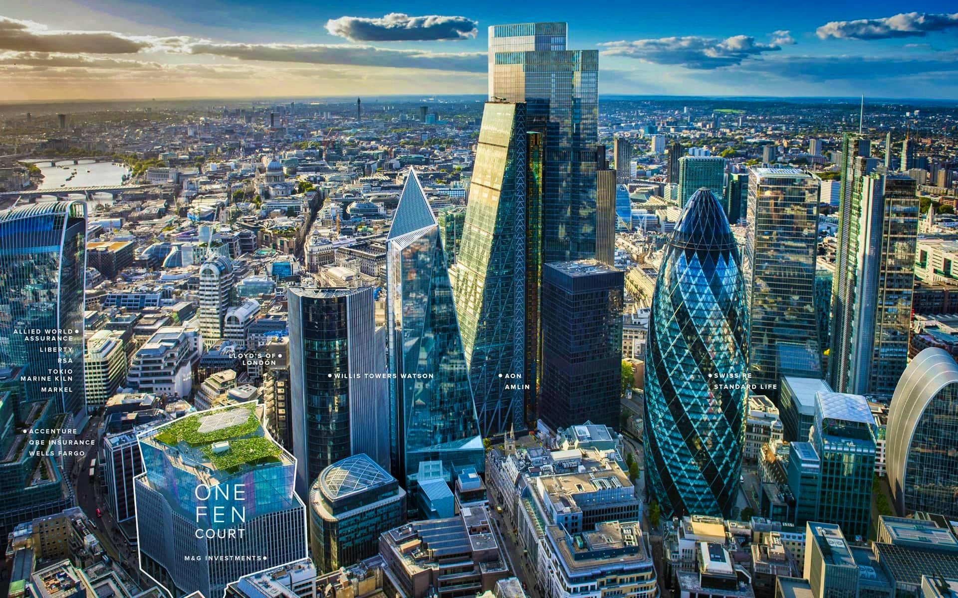 Vista aérea sobre los rascacielos de Londres