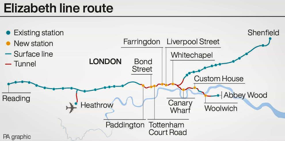 Mapa de la ruta de la línea Elizabeth atravesando Londres