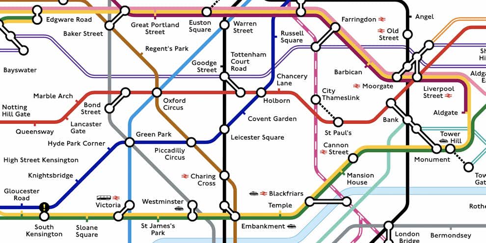 Detalle del mapa actual del metro de Londres