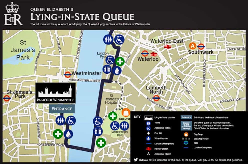 Funeral reina Isabel: mapa del principio de la cola a la capilla ardiente estatal de Isabel II en Londres