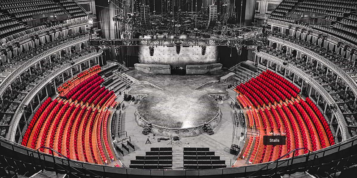 Vista de un evento CDS desde Gallery, mi zona favorita aparece coloreada Vistas al escenario en espectáculo Circo del Sol en Londres: Vista de un evento CDS desde butacas Stalls J9